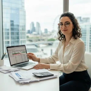 Ilustração de documentos fiscais e uma calculadora, representando o processo do Imposto Self-Employed UK para autônomos.