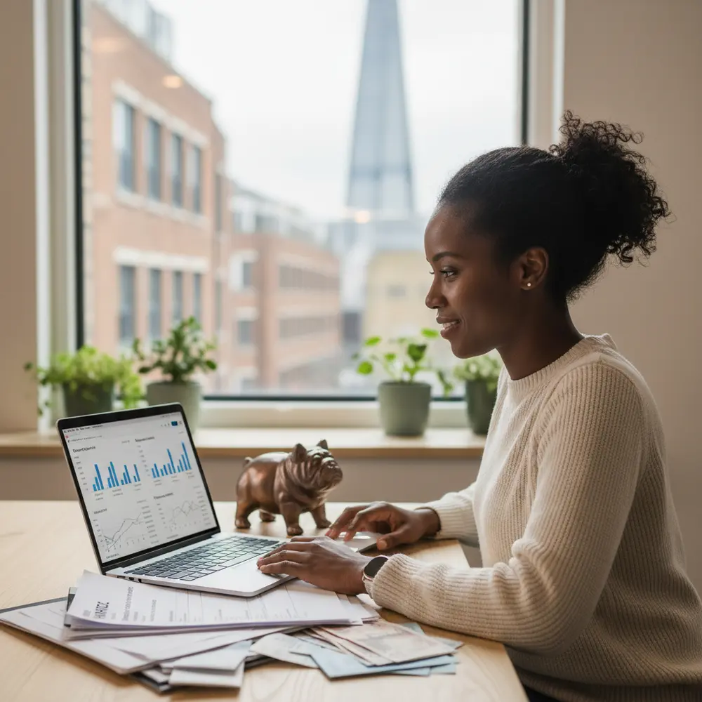 Pessoa analisando documentos e calculando despesas dedutíveis Self-Employed UK para otimizar impostos no Reino Unido.