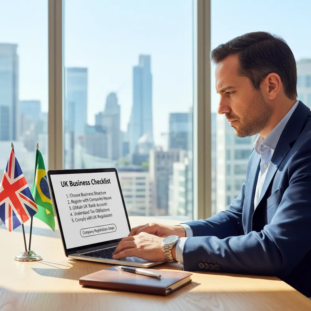 Checklist para Abrir Empresa UK, com documentos e ícones de negócios, auxiliando brasileiros no processo.