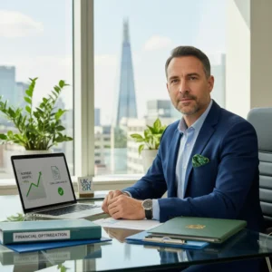 Mãos segurando documentos importantes com a bandeira do Reino Unido ao fundo, representando o processo de Abrir Empresa UK.