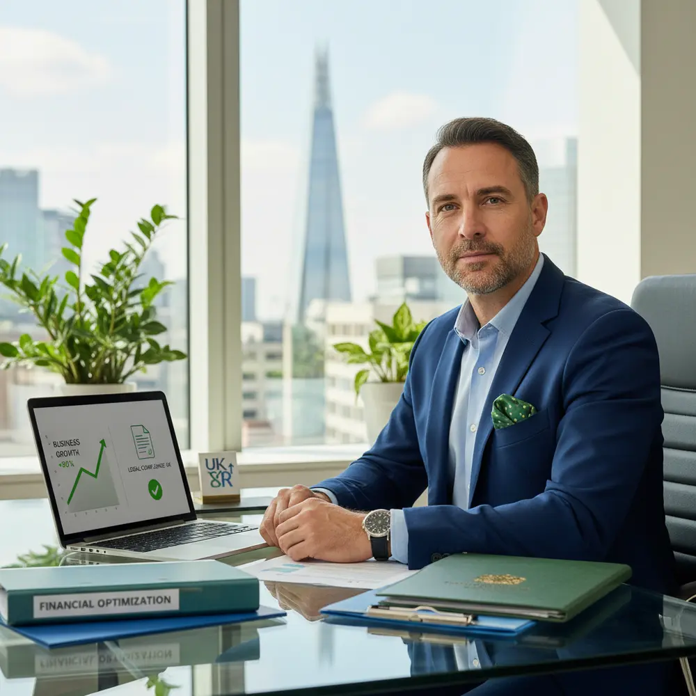 Mãos segurando documentos importantes com a bandeira do Reino Unido ao fundo, representando o processo de Abrir Empresa UK.