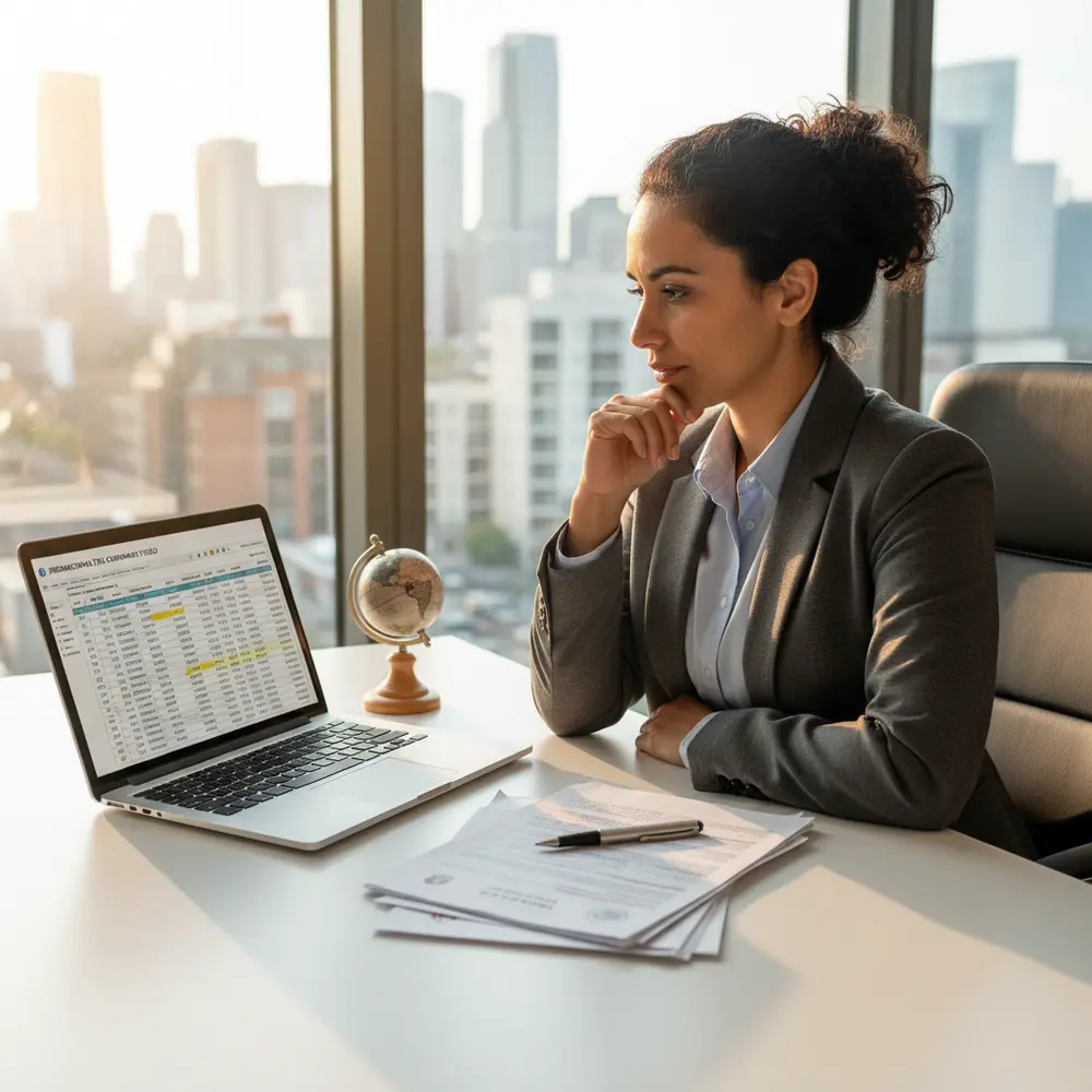 Pessoa em frente a um mapa-múndi, simbolizando o desafio do imposto de renda morando fora do Brasil.