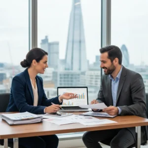 Profissional focado, um contador brasileiro em Londres auxiliando com otimização tributária para empresas.