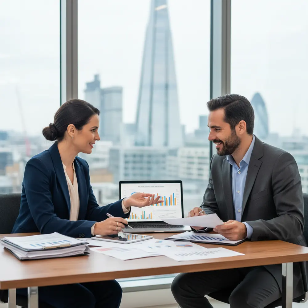 Profissional focado, um contador brasileiro em Londres auxiliando com otimização tributária para empresas.
