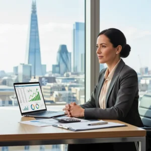 Gráficos financeiros e calculadora simbolizam planejamento tributário para Abrir Empresa UK e economizar impostos.