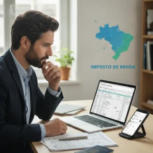 Ilustração de documentos fiscais e moedas, representando a gestão do imposto de renda morando fora do brasil e transferências.