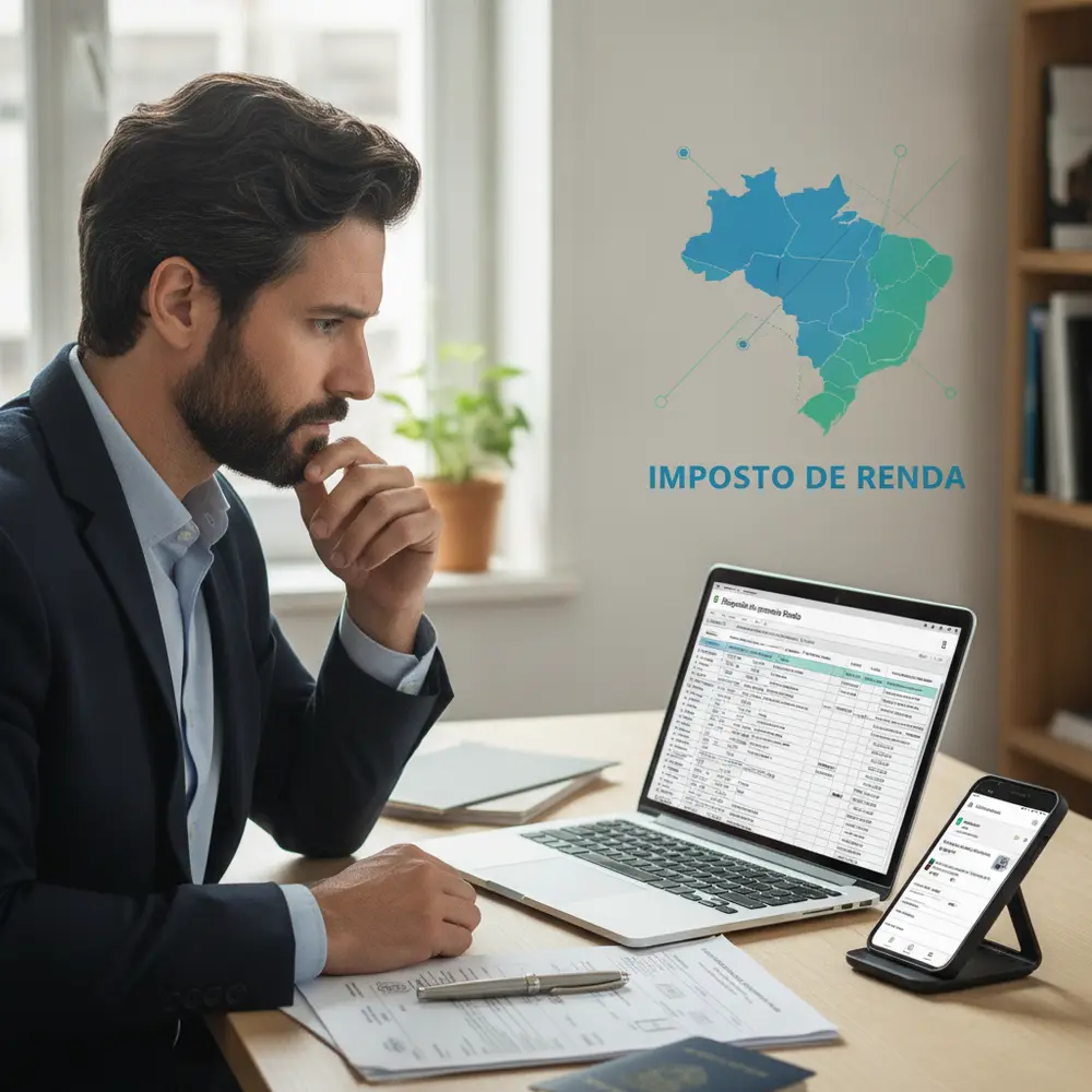 Ilustração de documentos fiscais e moedas, representando a gestão do imposto de renda morando fora do brasil e transferências.