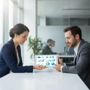 Mão digitalizando documentos com tablet, simbolizando a Consultoria Contábil no Reino Unido moderna.