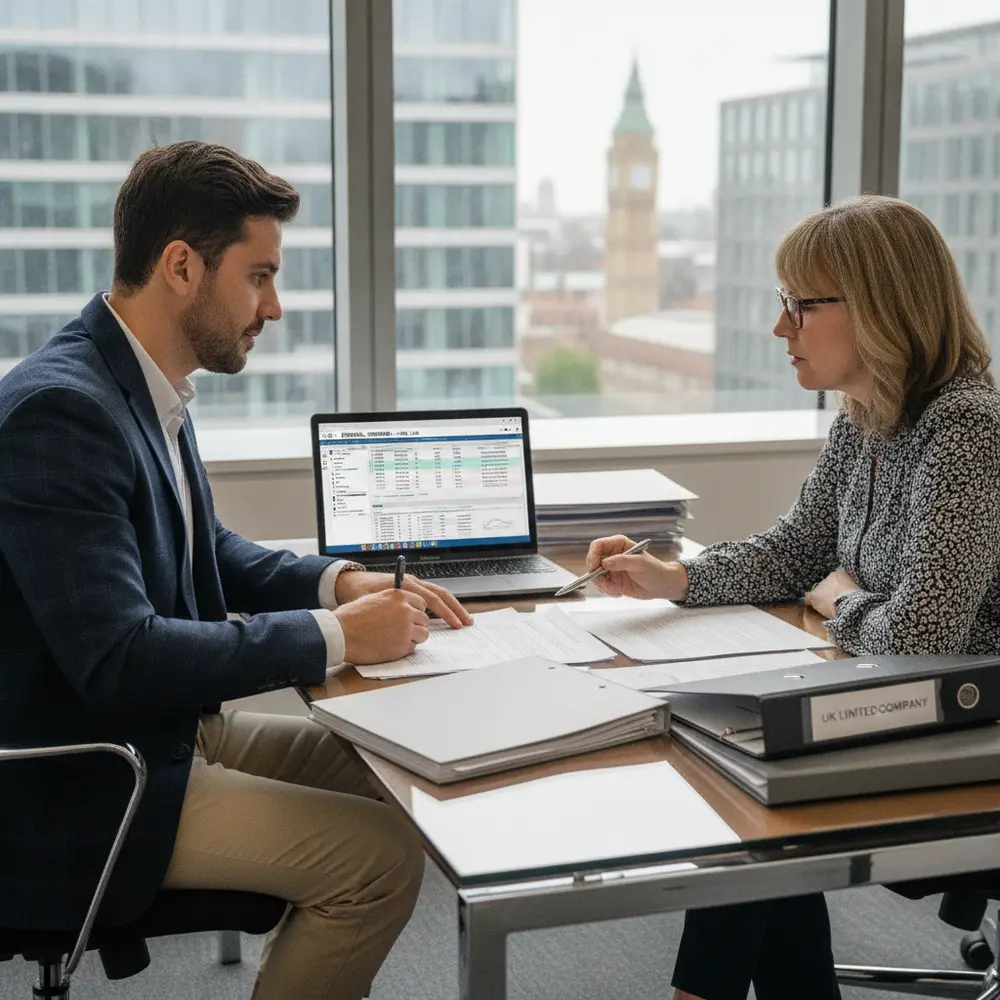 Representação de diretor brasileiro gerenciando finanças e conformidade de sua Limited Company UK.