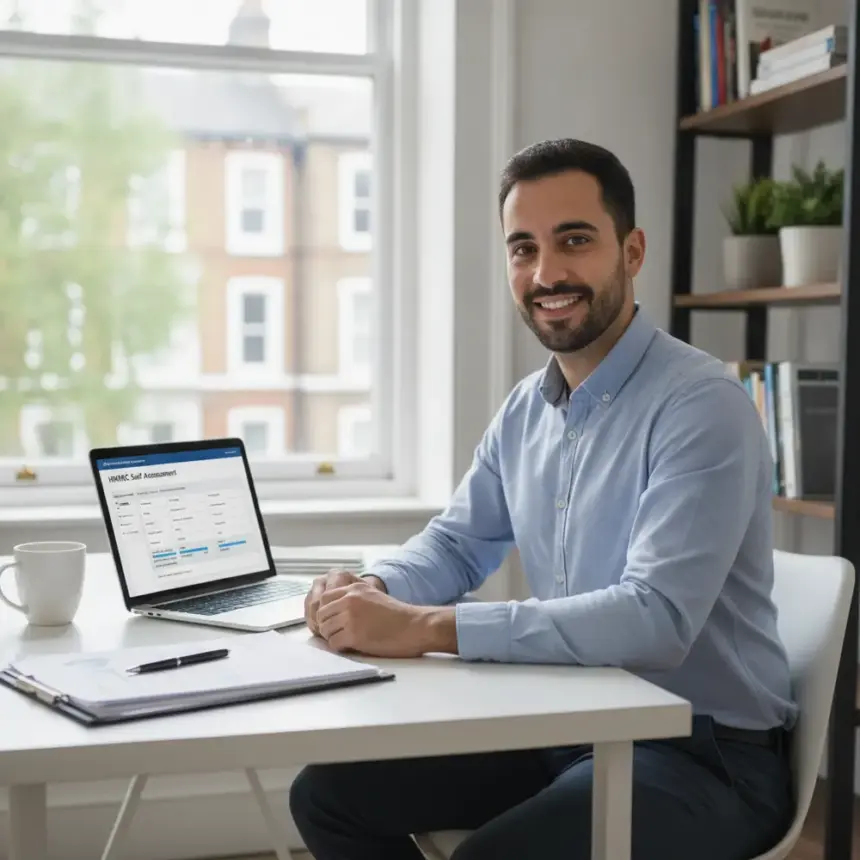 Brasileiro feliz trabalhando como Self-Employed no Reino Unido em seu laptop, com documentos fiscais e gráficos de sucesso.