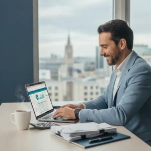 Representação de organização financeira para Self-Employed UK, com documentos e ferramentas, focando em gestão no Reino Unido.